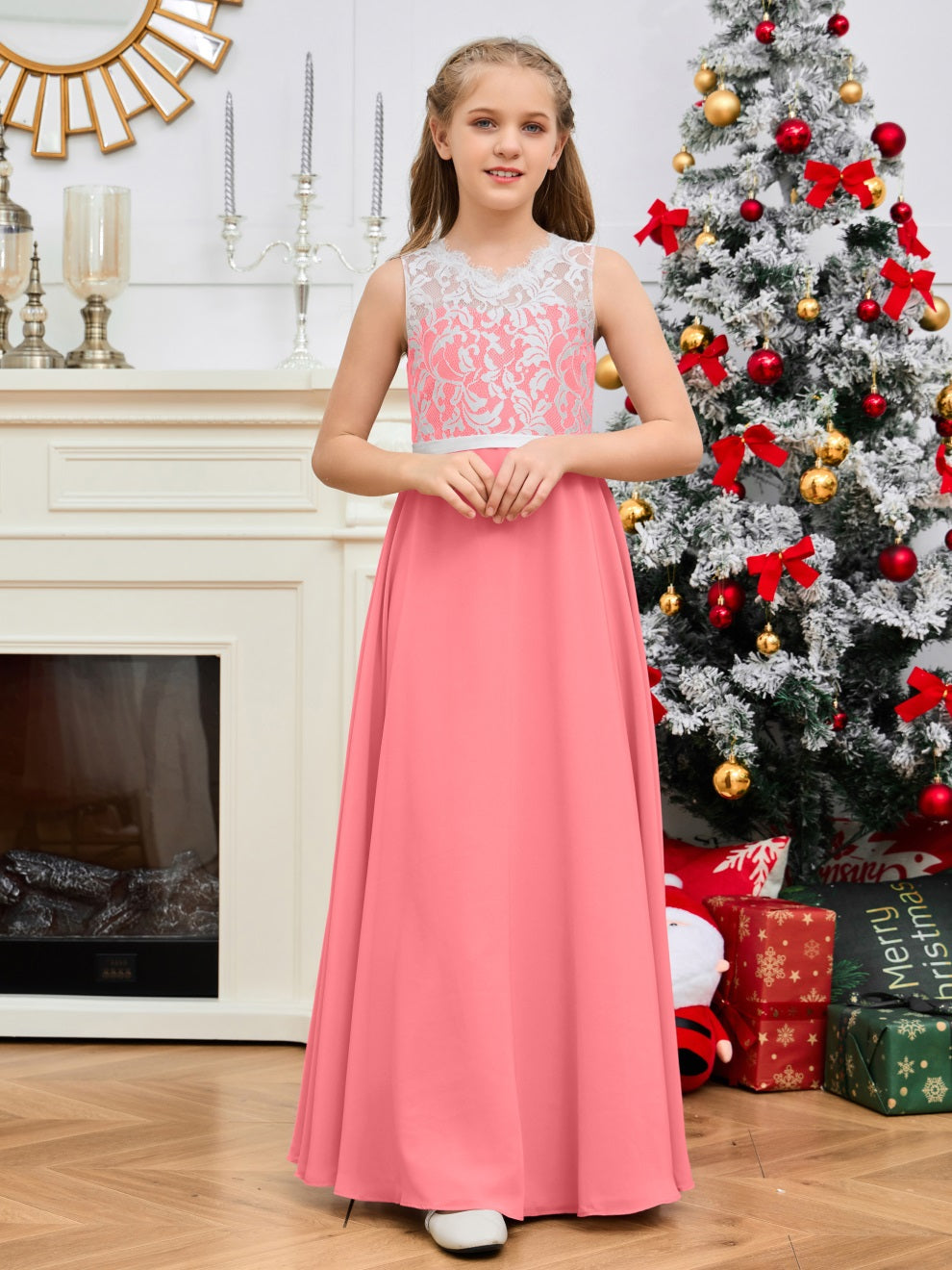 A Line V Rücken Chiffon Spitze Junior Brautjungfer Kleid