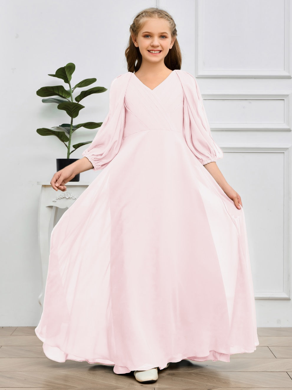 V-Ausschnitt 3/4 Ärmel Bodenlanges Chiffon Junior Brautjungfernkleid