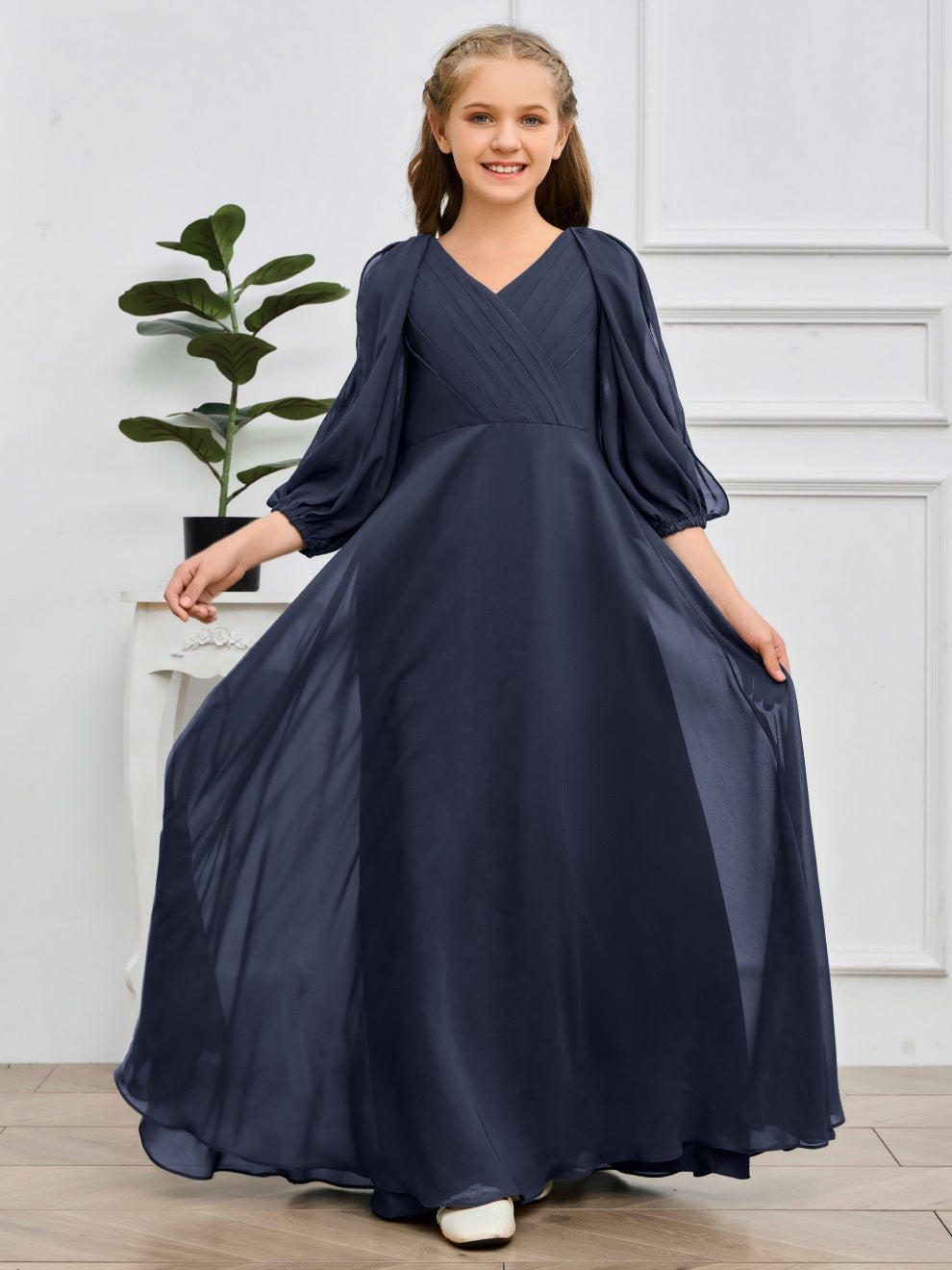 V-Ausschnitt 3/4 Ärmel Bodenlanges Chiffon Junior Brautjungfernkleid