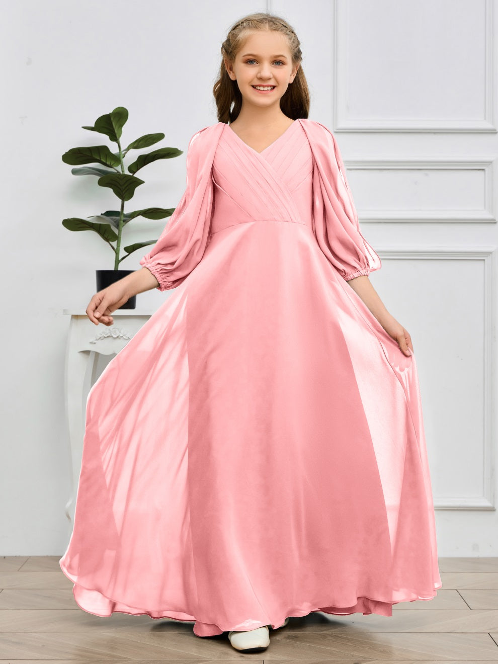 V-Ausschnitt 3/4 Ärmel Bodenlanges Chiffon Junior Brautjungfernkleid