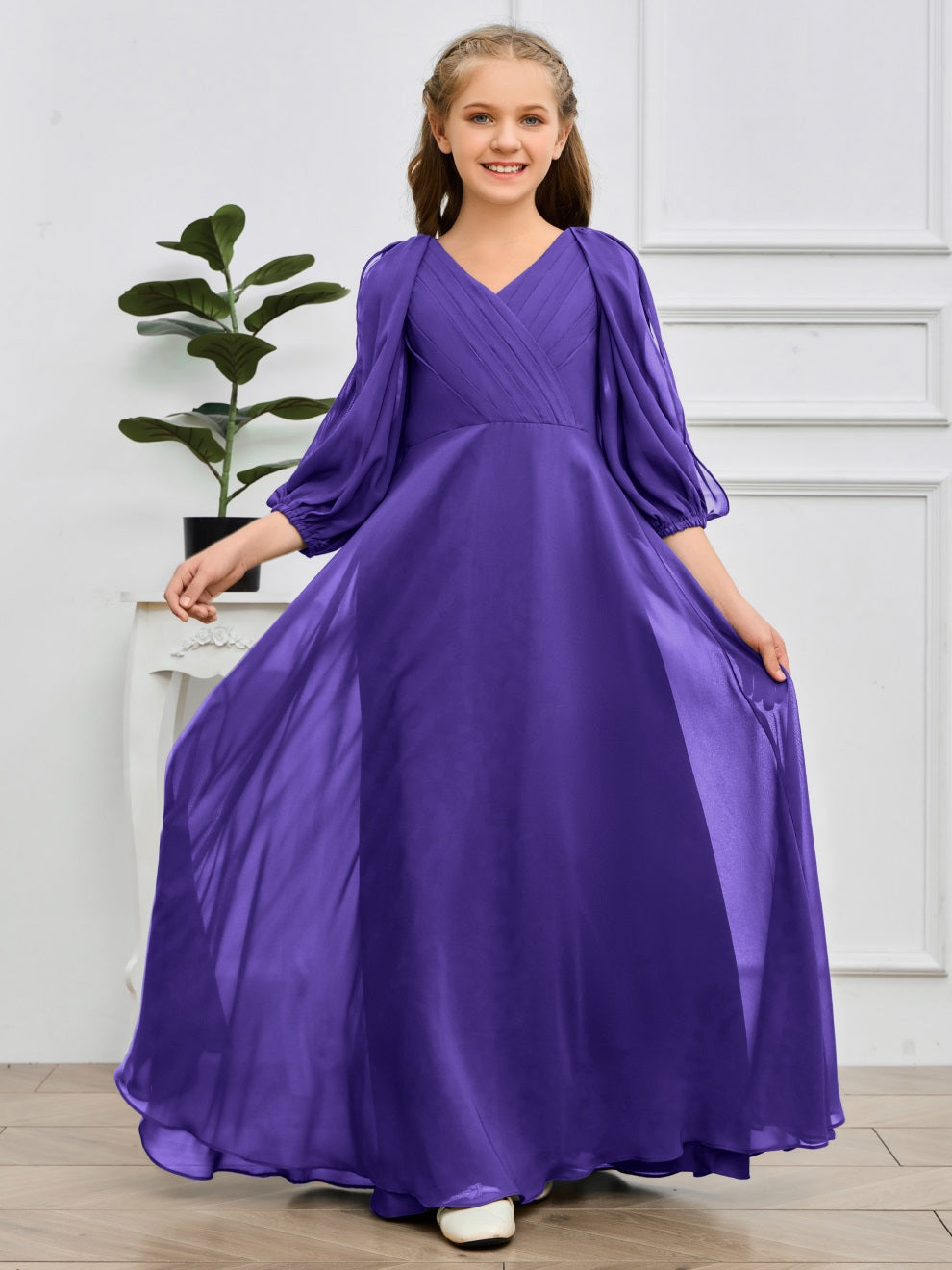 V-Ausschnitt 3/4 Ärmel Bodenlanges Chiffon Junior Brautjungfernkleid