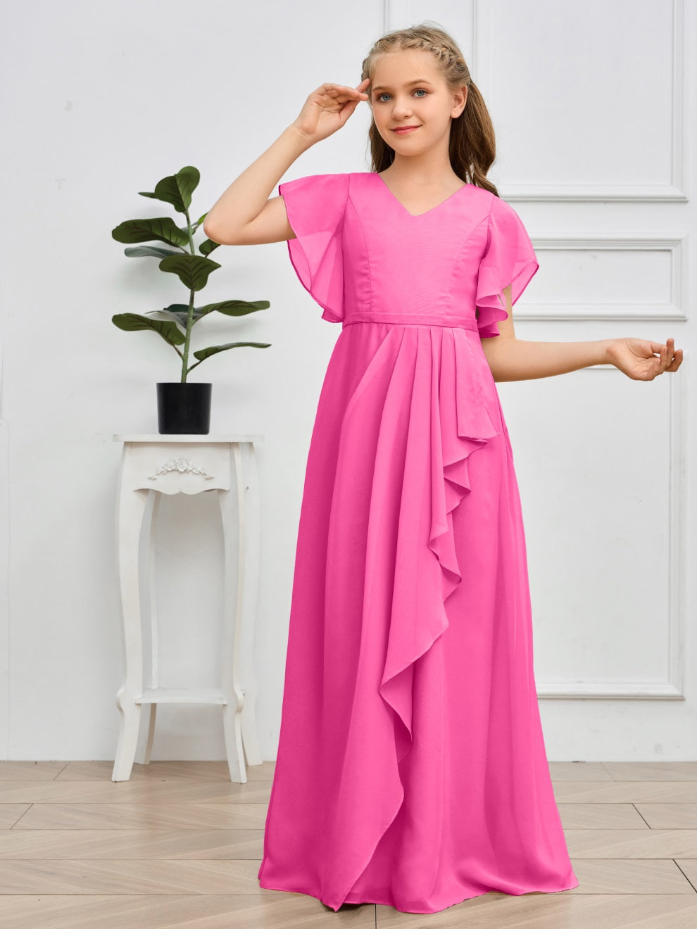 Col V kurze Ärmel Bodenlanges Chiffon Junior Brautjungfernkleid