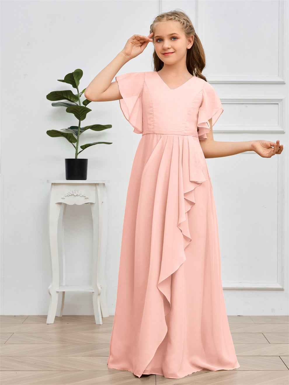 Col V kurze Ärmel Bodenlanges Chiffon Junior Brautjungfernkleid