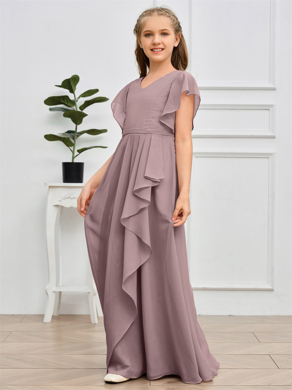 Col V kurze Ärmel Bodenlanges Chiffon Junior Brautjungfernkleid