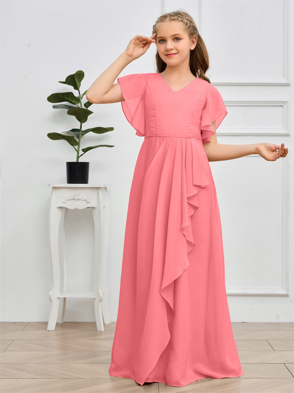 Col V kurze Ärmel Bodenlanges Chiffon Junior Brautjungfernkleid