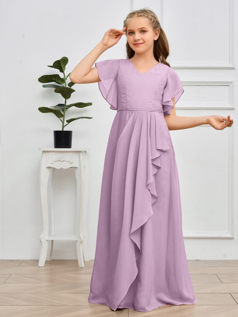 Col V kurze Ärmel Bodenlanges Chiffon Junior Brautjungfernkleid