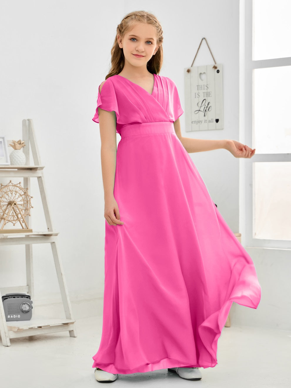 Gewellter V-Ausschnitt Chiffon Junior Brautjungfernkleid