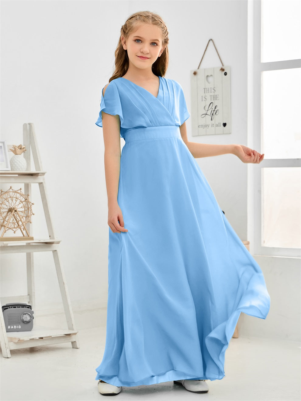 Gewellter V-Ausschnitt Chiffon Junior Brautjungfernkleid