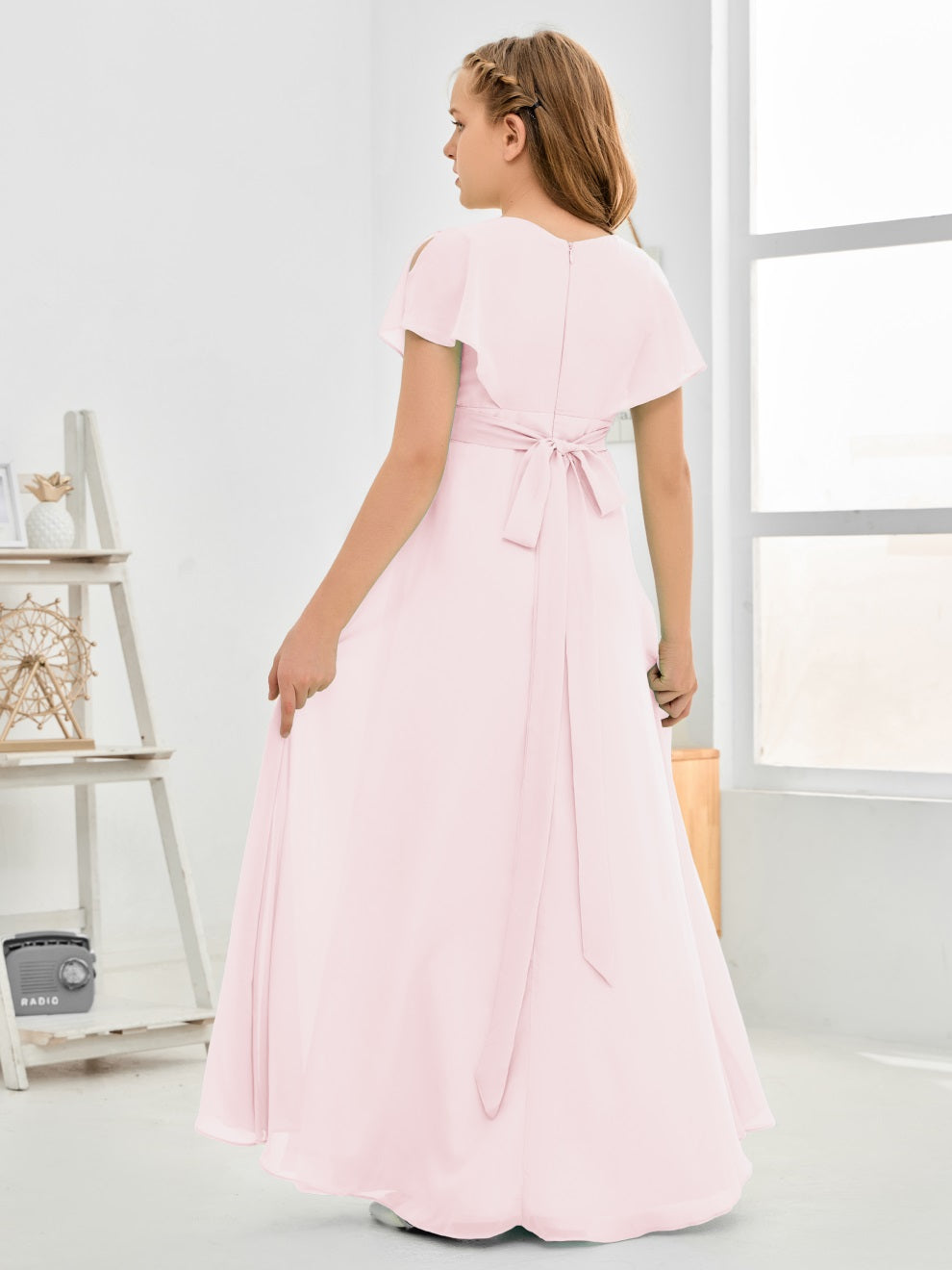 Gewellter V-Ausschnitt Chiffon Junior Brautjungfernkleid