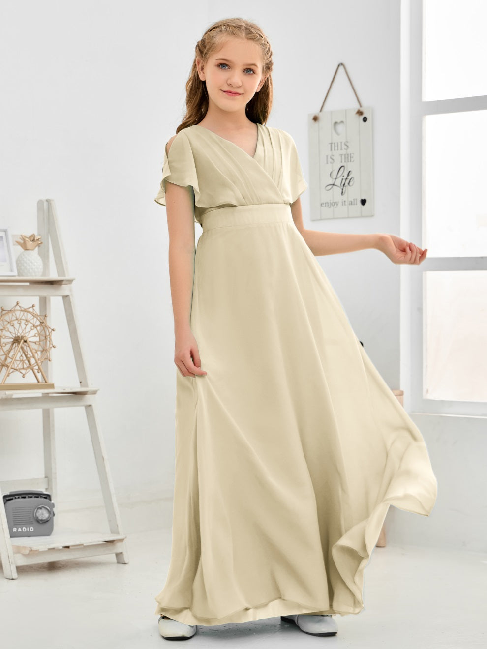 Gewellter V-Ausschnitt Chiffon Junior Brautjungfernkleid