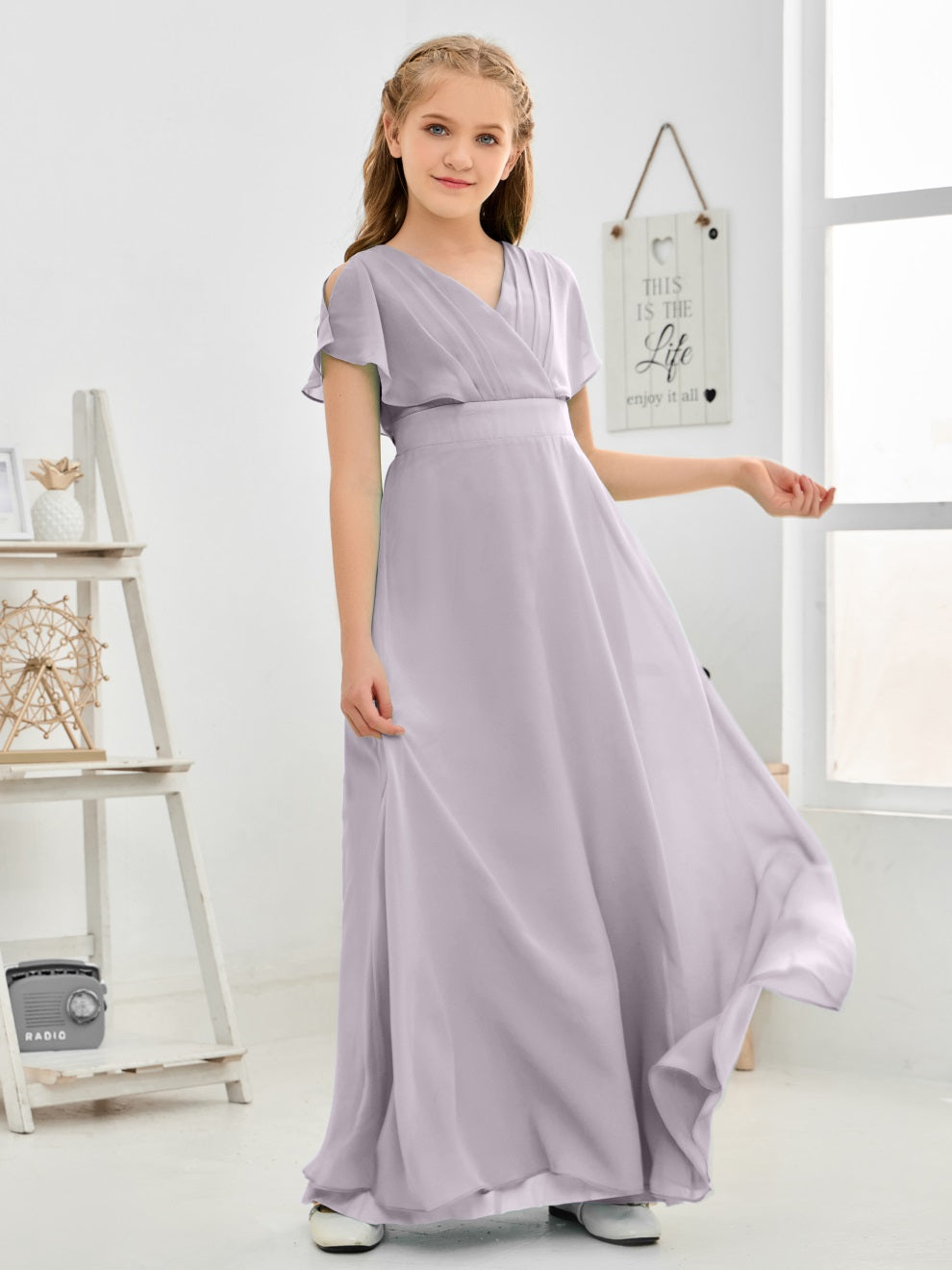 Gewellter V-Ausschnitt Chiffon Junior Brautjungfernkleid