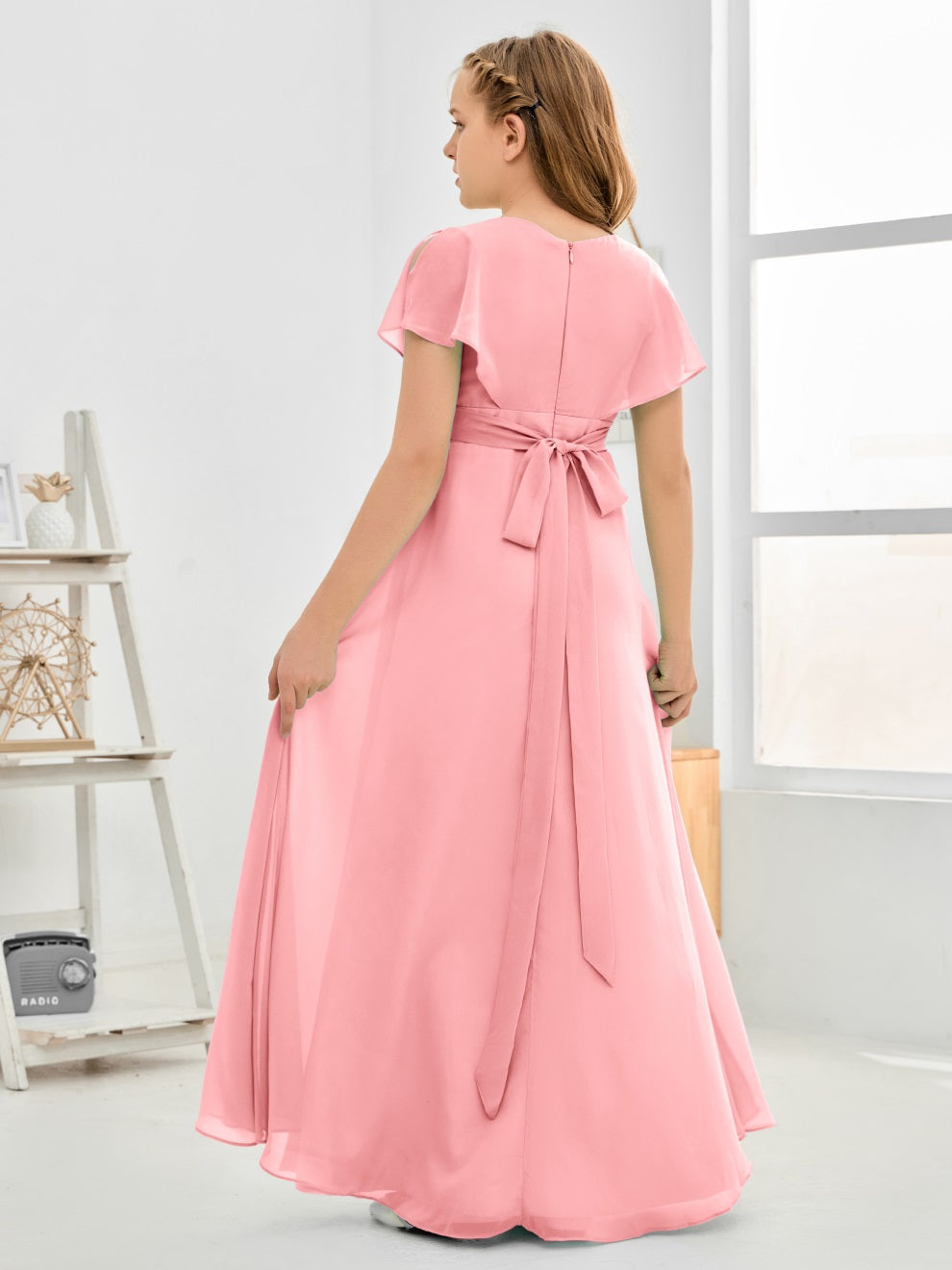 Gewellter V-Ausschnitt Chiffon Junior Brautjungfernkleid