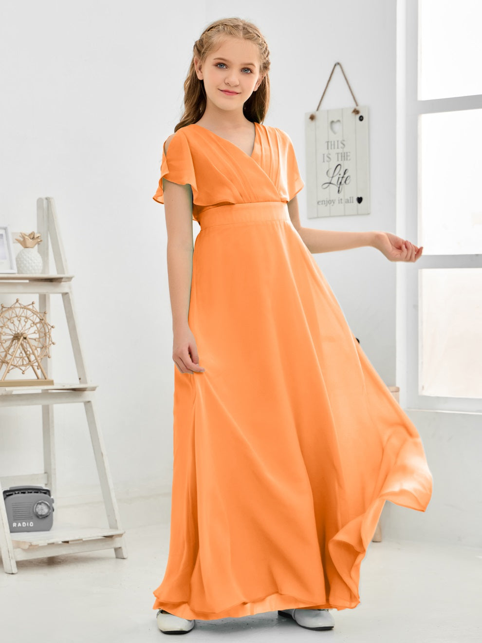 Gewellter V-Ausschnitt Chiffon Junior Brautjungfernkleid