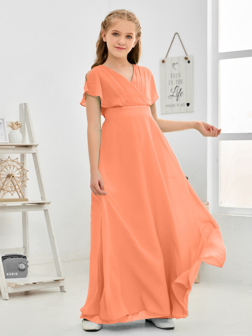 Gewellter V-Ausschnitt Chiffon Junior Brautjungfernkleid