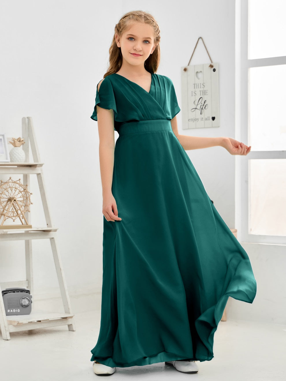 Gewellter V-Ausschnitt Chiffon Junior Brautjungfernkleid