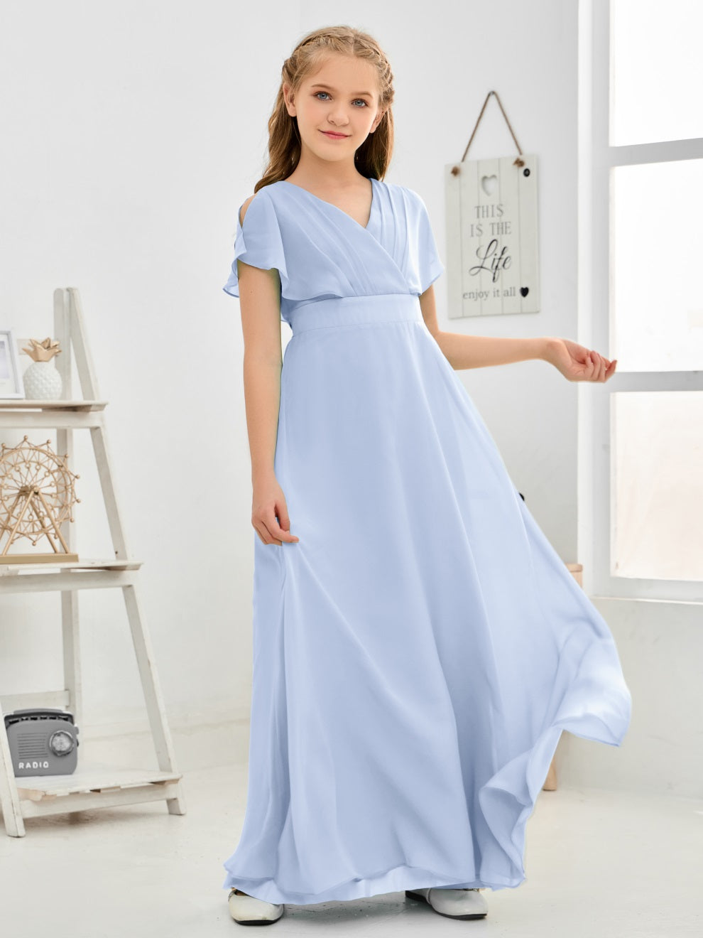 Gewellter V-Ausschnitt Chiffon Junior Brautjungfernkleid