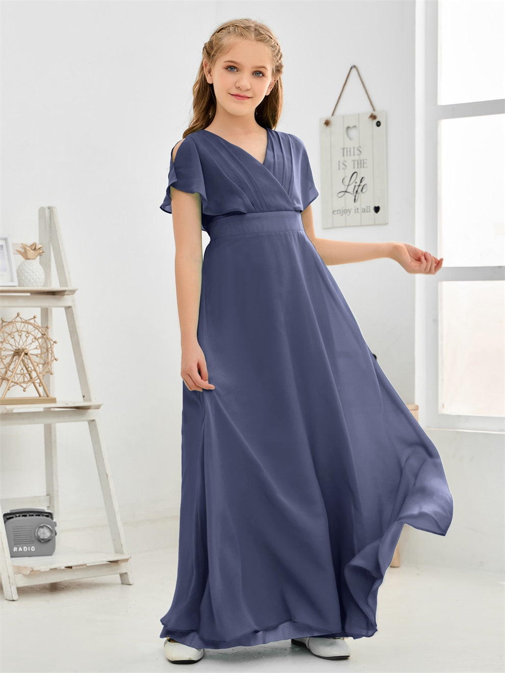 Gewellter V-Ausschnitt Chiffon Junior Brautjungfernkleid