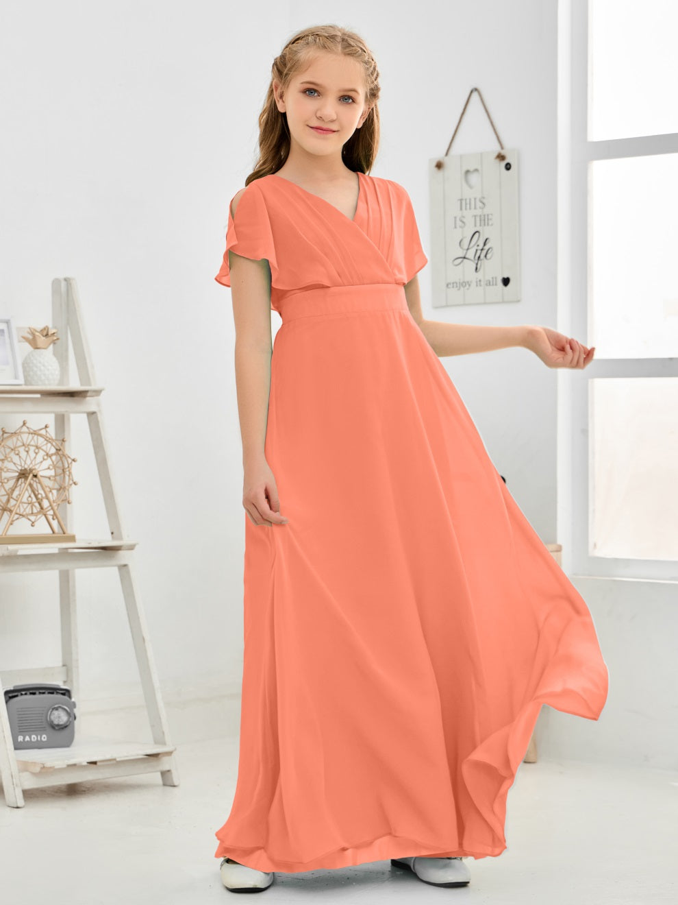 Gewellter V-Ausschnitt Chiffon Junior Brautjungfernkleid