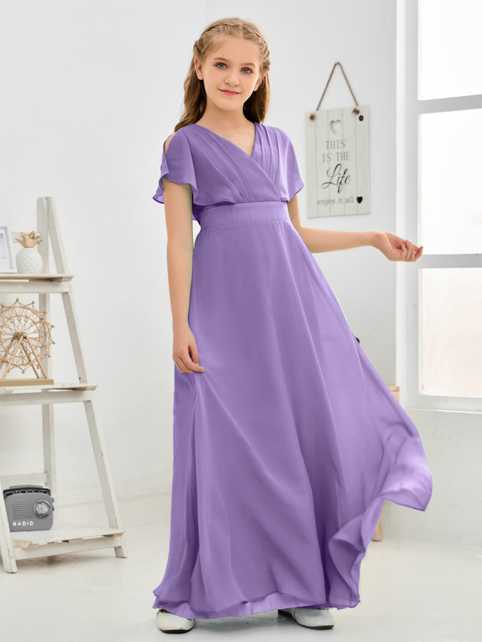 Gewellter V-Ausschnitt Chiffon Junior Brautjungfernkleid