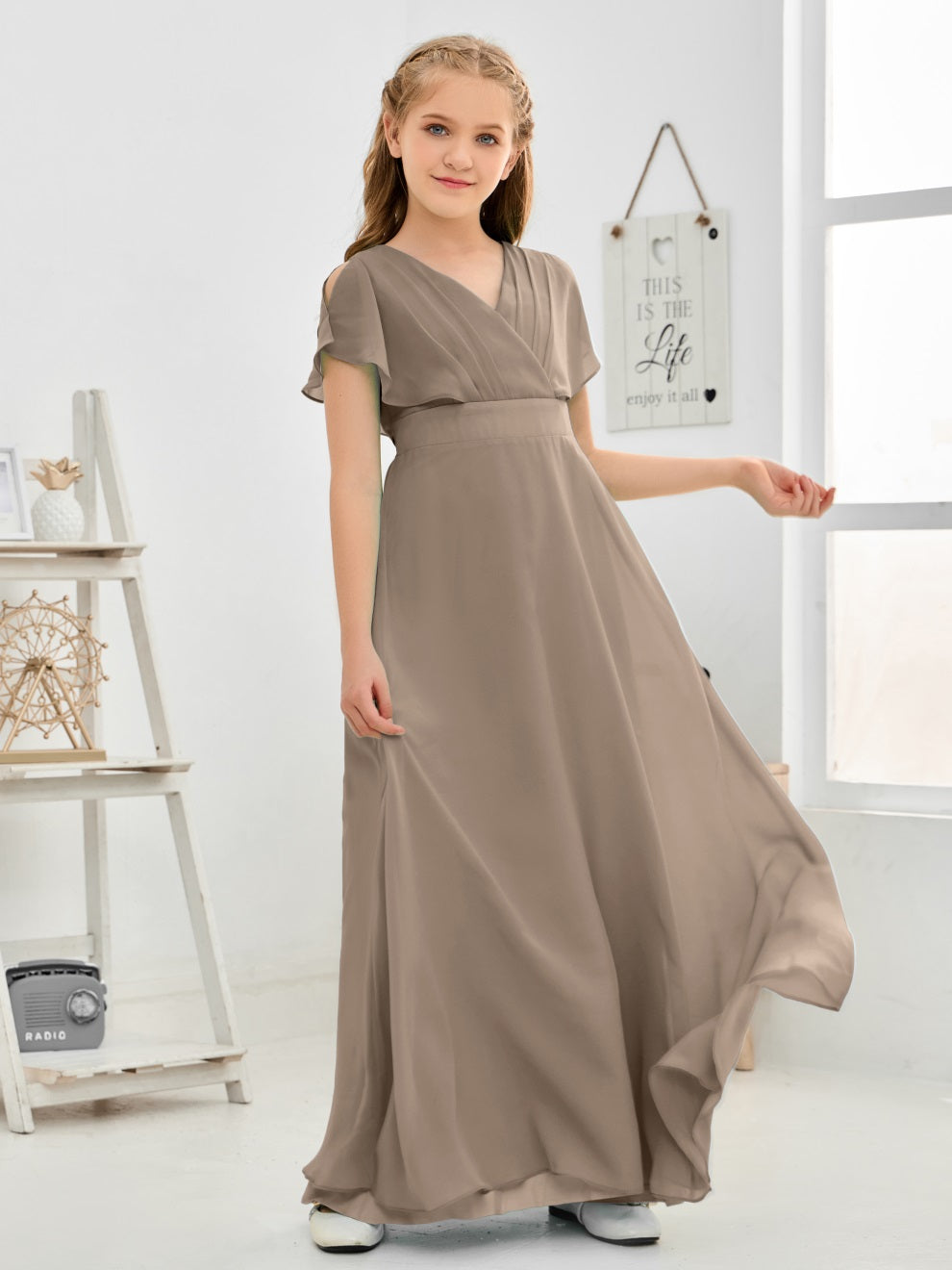 Gewellter V-Ausschnitt Chiffon Junior Brautjungfernkleid