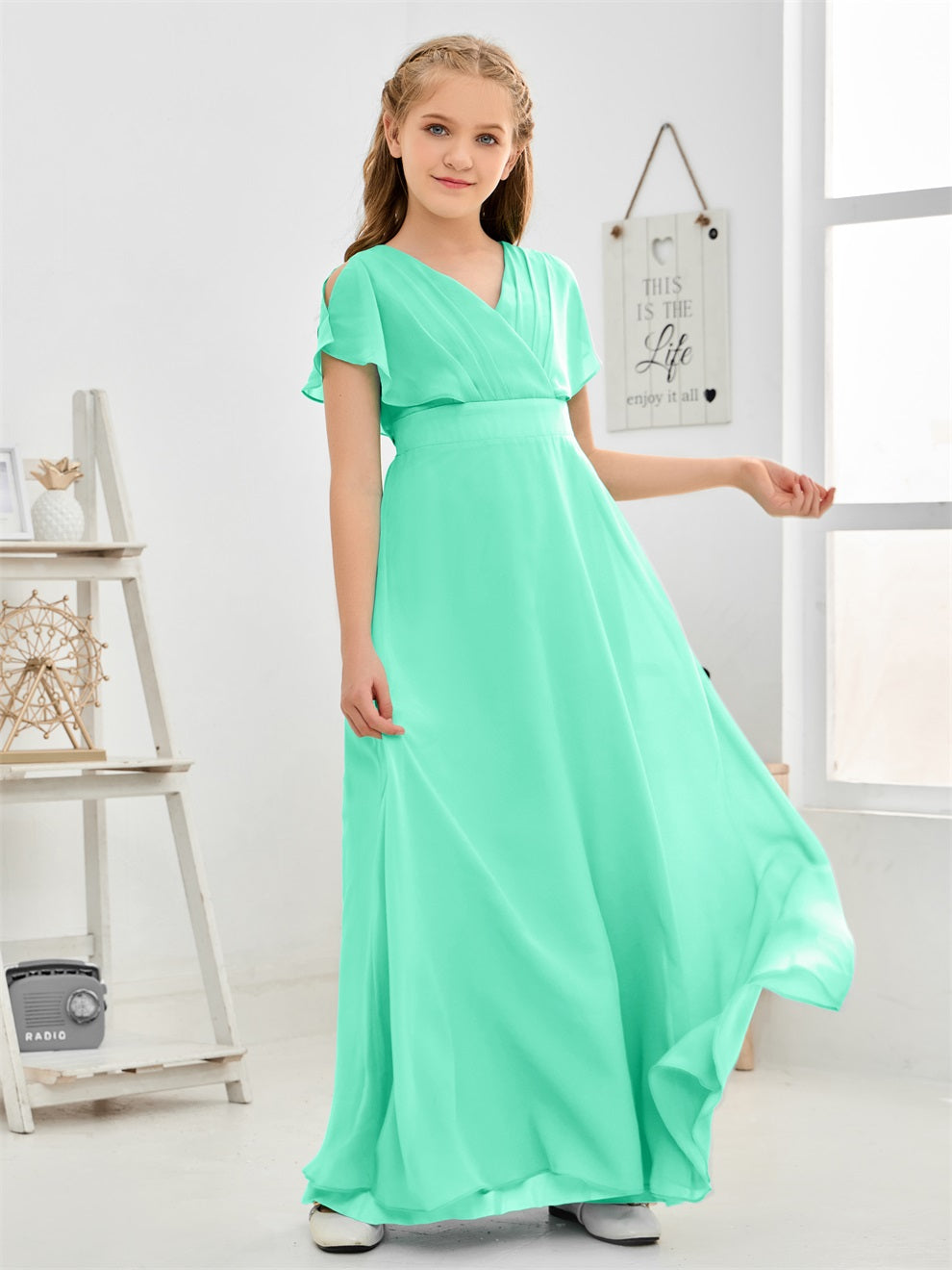 Gewellter V-Ausschnitt Chiffon Junior Brautjungfernkleid