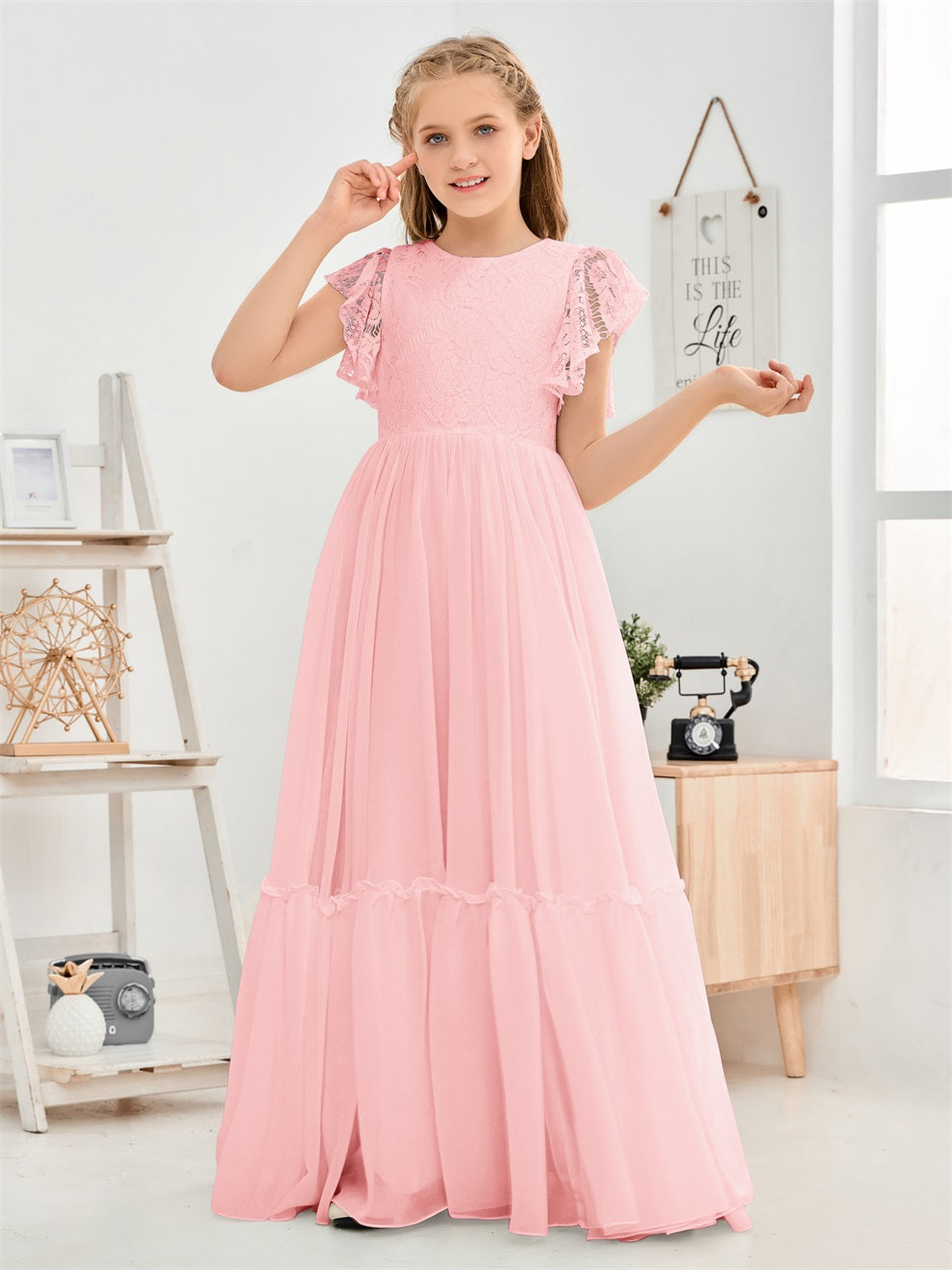 Kappenärmel A Linie Spitze Top Junior Chiffon Brautjungfernkleid