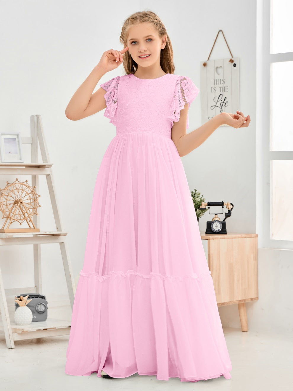 Kappenärmel A Linie Spitze Top Junior Chiffon Brautjungfernkleid