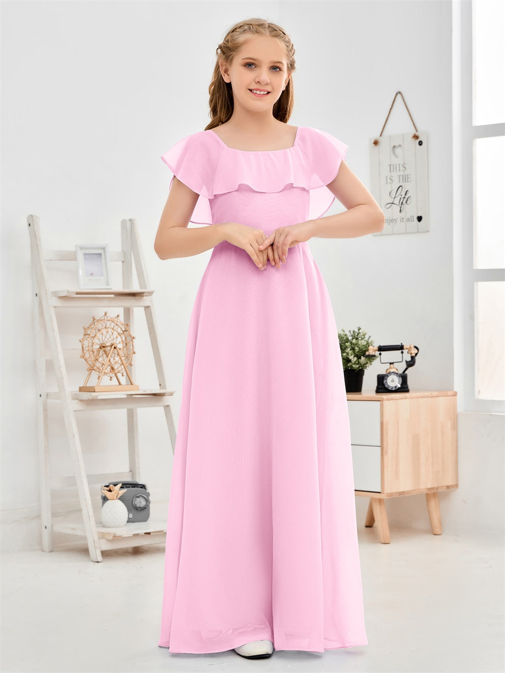 Gewelltes U-Ausschnitt Chiffon Junior Brautjungfernkleid