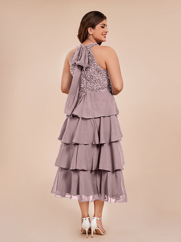 A Line Halter Delicate Beaded Top Layered Chiffon Mutter der Braut Kleid