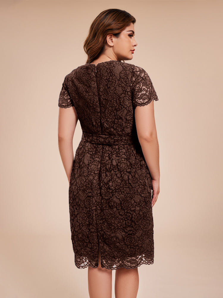 Mantel kurze Ärmel knielang Spitze Mutter der Braut Kleid mit Kristall Gürtel