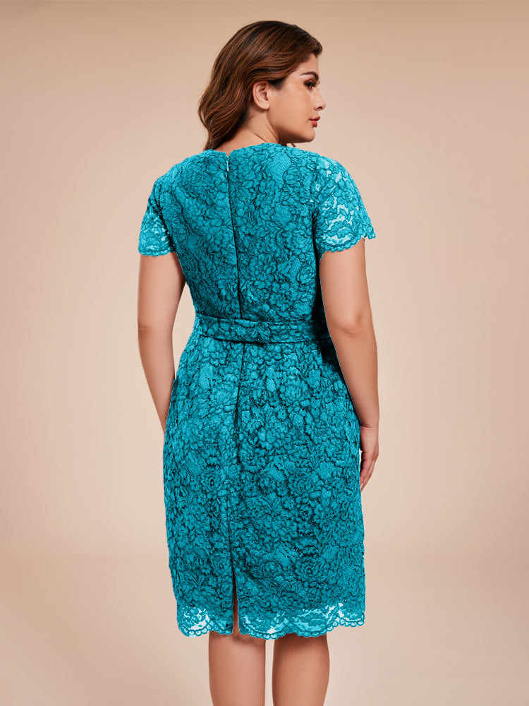 Mantel kurze Ärmel knielang Spitze Mutter der Braut Kleid mit Kristall Gürtel