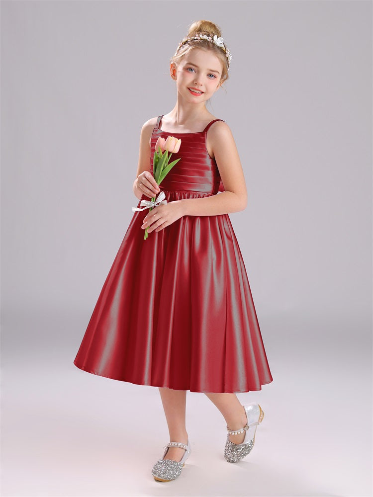 A-Linie Tee Länge Spaghetti Riemen Bowknot Satin Blumenmädchen Kleid