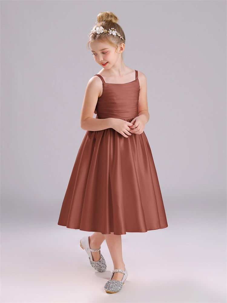 A-Linie Tee Länge Spaghetti Riemen Bowknot Satin Blumenmädchen Kleid