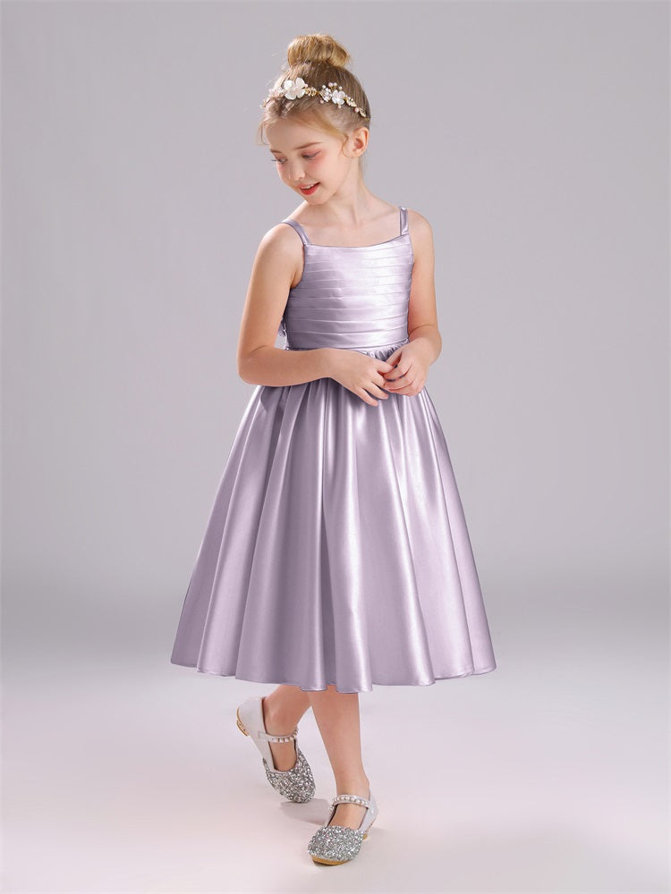 A-Linie Tee Länge Spaghetti Riemen Bowknot Satin Blumenmädchen Kleid