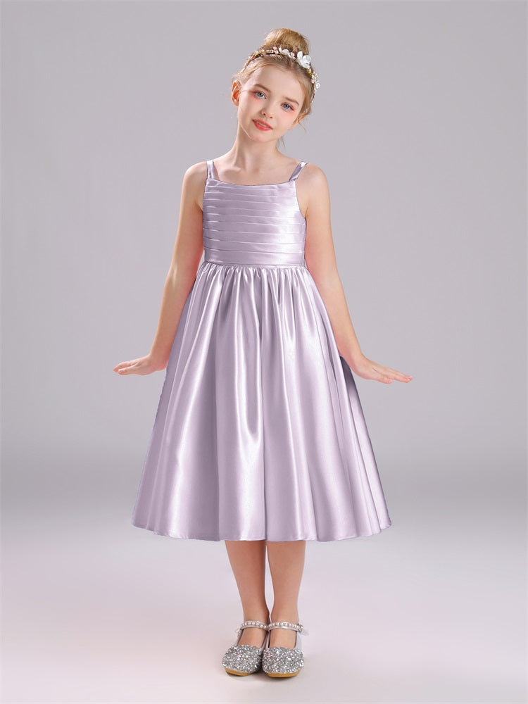 A-Linie Tee Länge Spaghetti Riemen Bowknot Satin Blumenmädchen Kleid