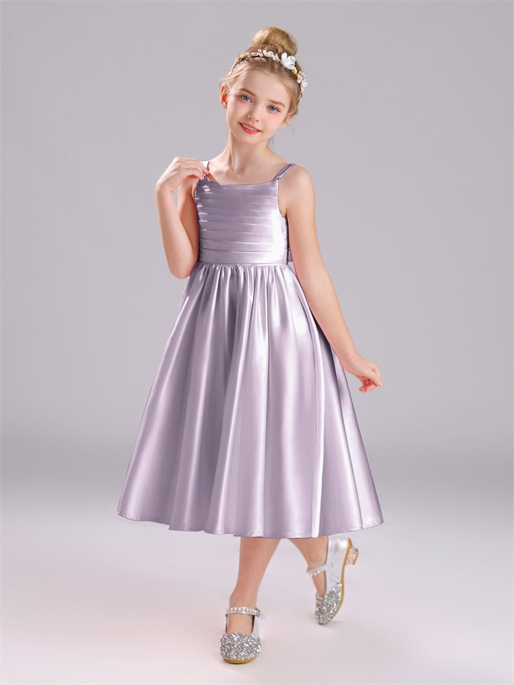 A-Linie Tee Länge Spaghetti Riemen Bowknot Satin Blumenmädchen Kleid