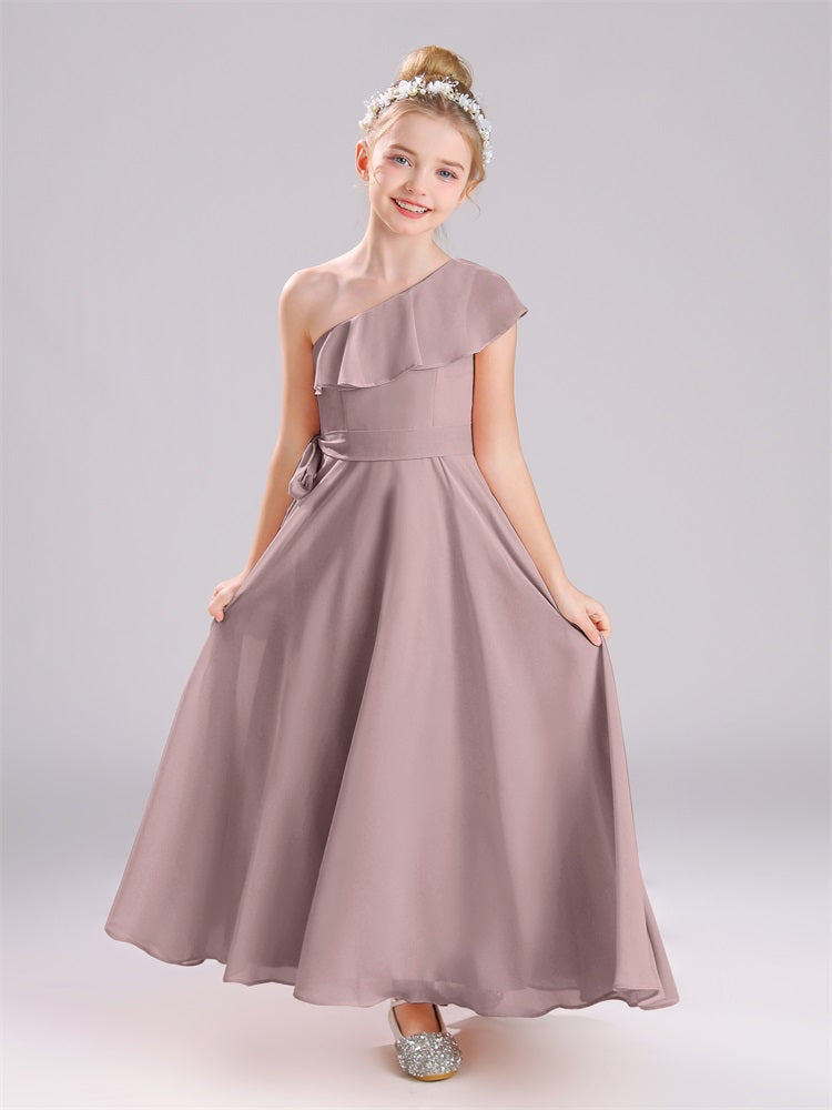 Ein-Schulter-Rüschen Chiffon Junior Brautjungfernkleider