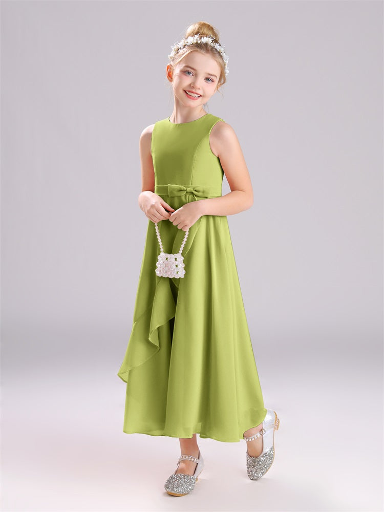 Ärmelloses Juwel Langer Schleifenknoten Chiffon Junior Brautjungfernkleider