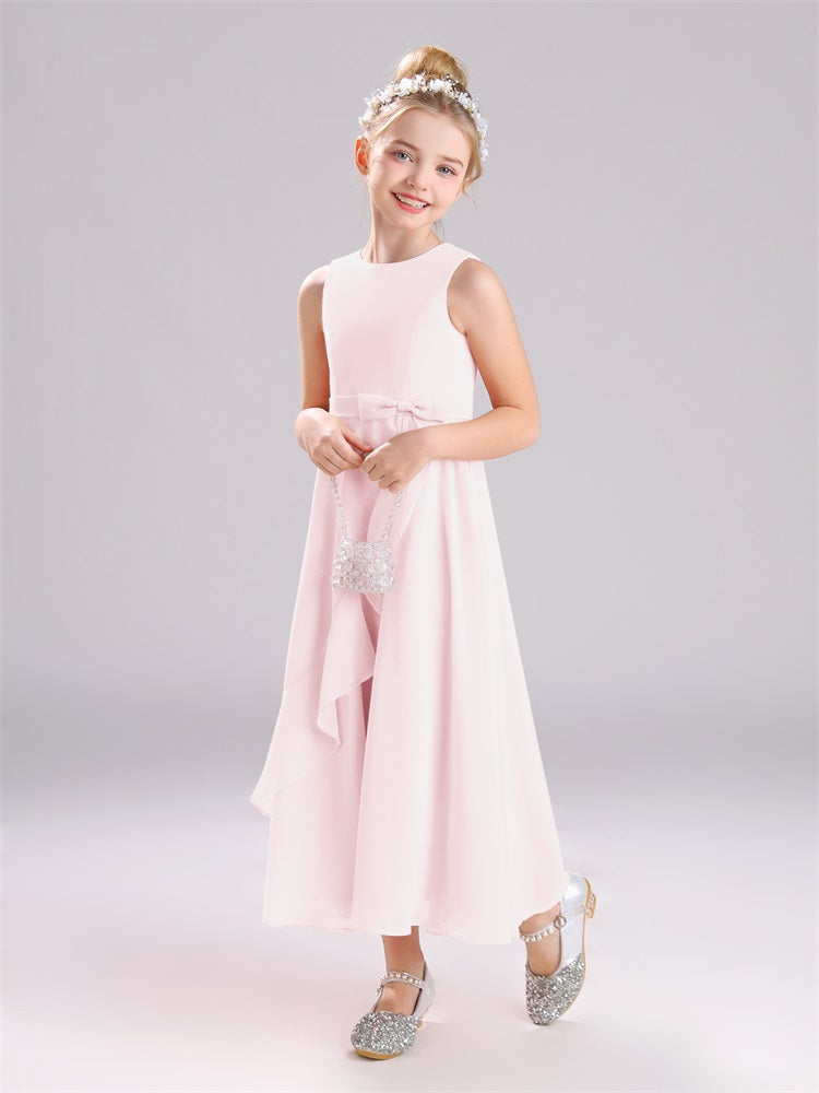 Ärmelloses Juwel Langer Schleifenknoten Chiffon Junior Brautjungfernkleider