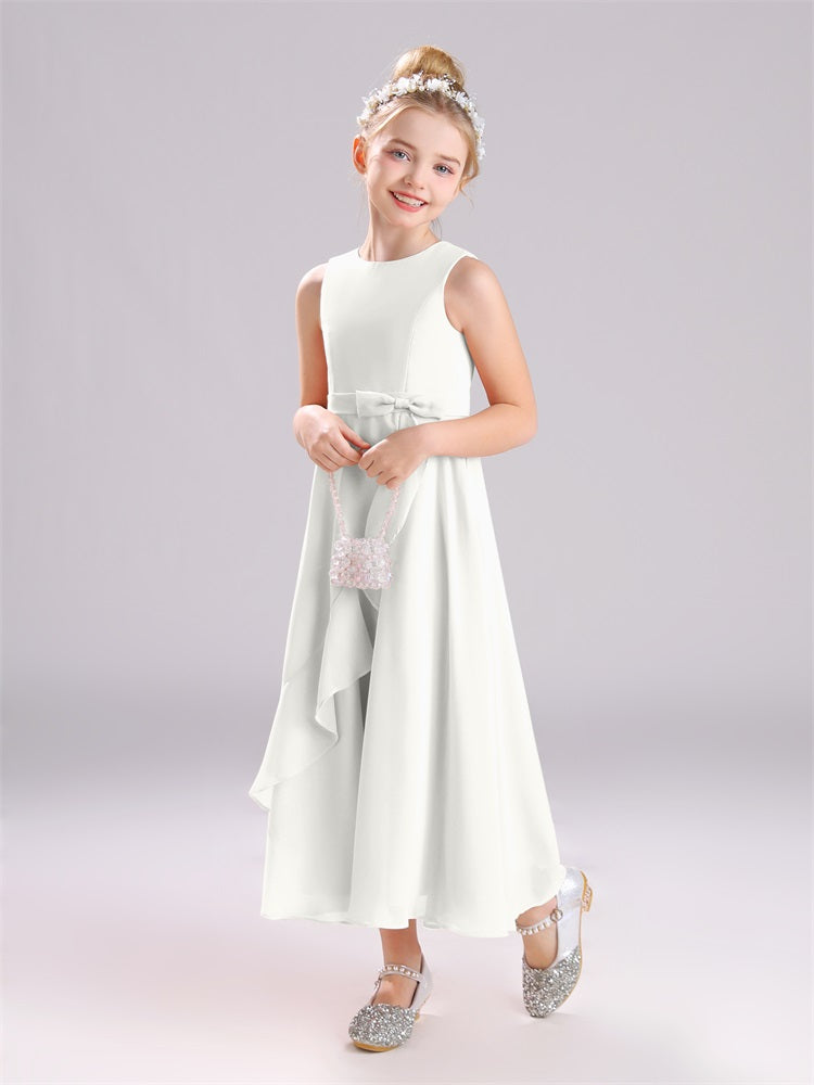 Ärmelloses Juwel Langer Schleifenknoten Chiffon Junior Brautjungfernkleider