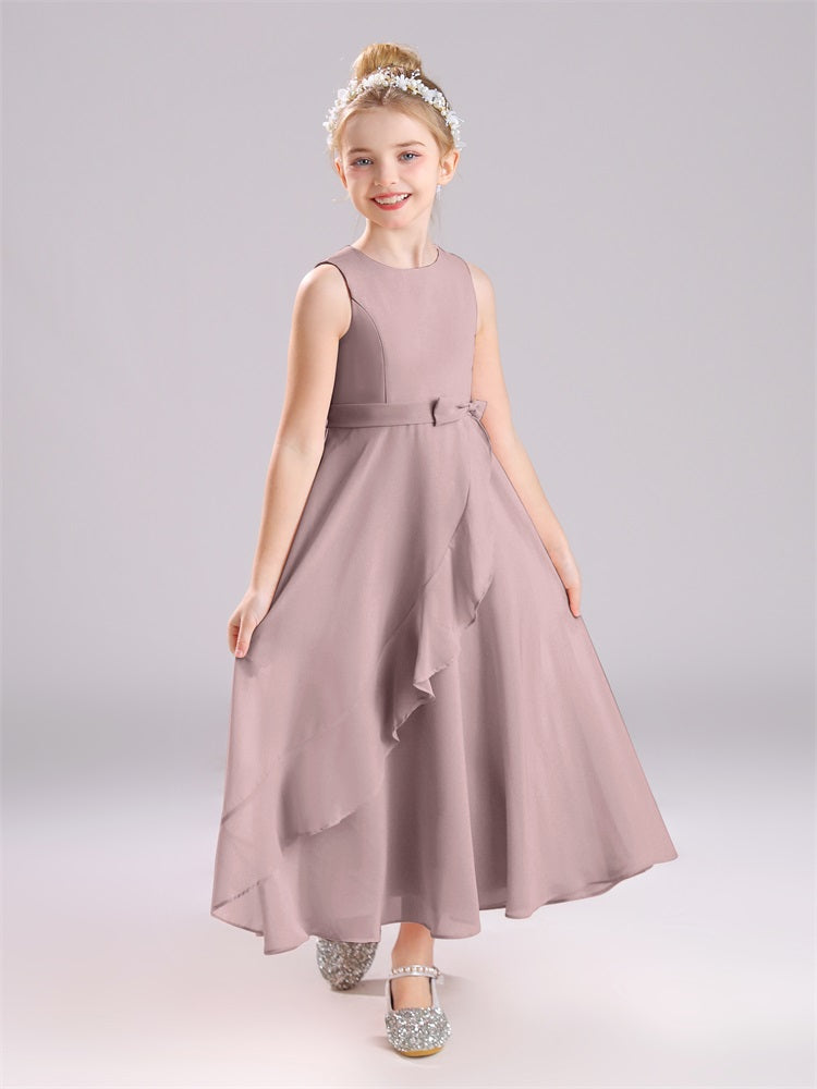 Ärmelloses Juwel Langer Schleifenknoten Chiffon Junior Brautjungfernkleider