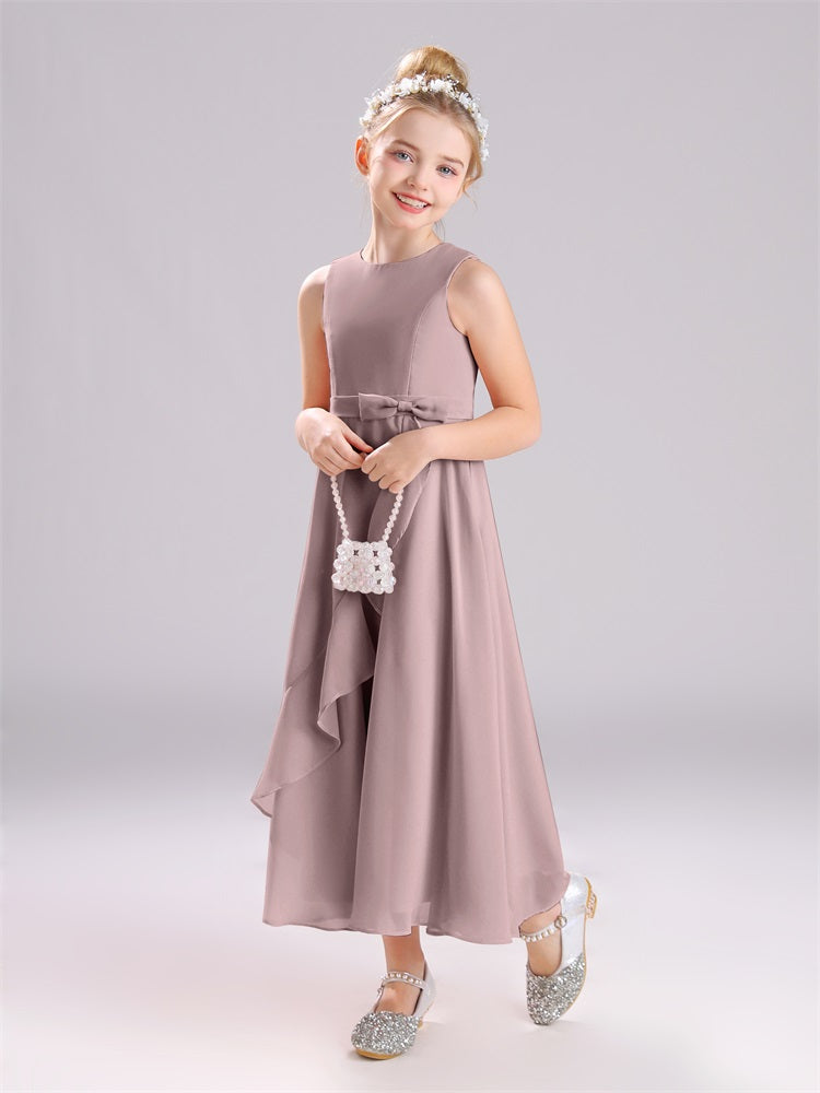 Ärmelloses Juwel Langer Schleifenknoten Chiffon Junior Brautjungfernkleider