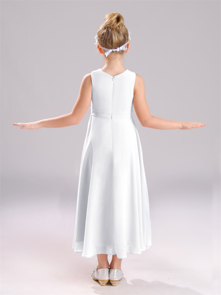 Ärmelloses Juwel Langer Schleifenknoten Chiffon Junior Brautjungfernkleider