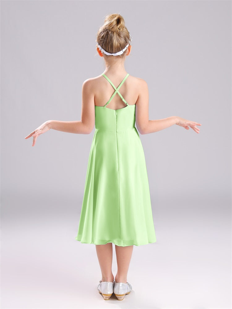 Criss-Cross Riemen Ärmellos Falten Tee-Lang Chiffon Junior Brautjungfernkleider