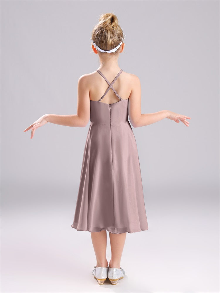 Criss-Cross Riemen Ärmellos Falten Tee-Lang Chiffon Junior Brautjungfernkleider