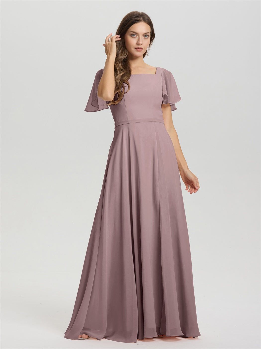 A-Linie Quadratischer Ausschnitt Kurze Rüschenärmel Bodenlanges Chiffon Brautjungfernkleid