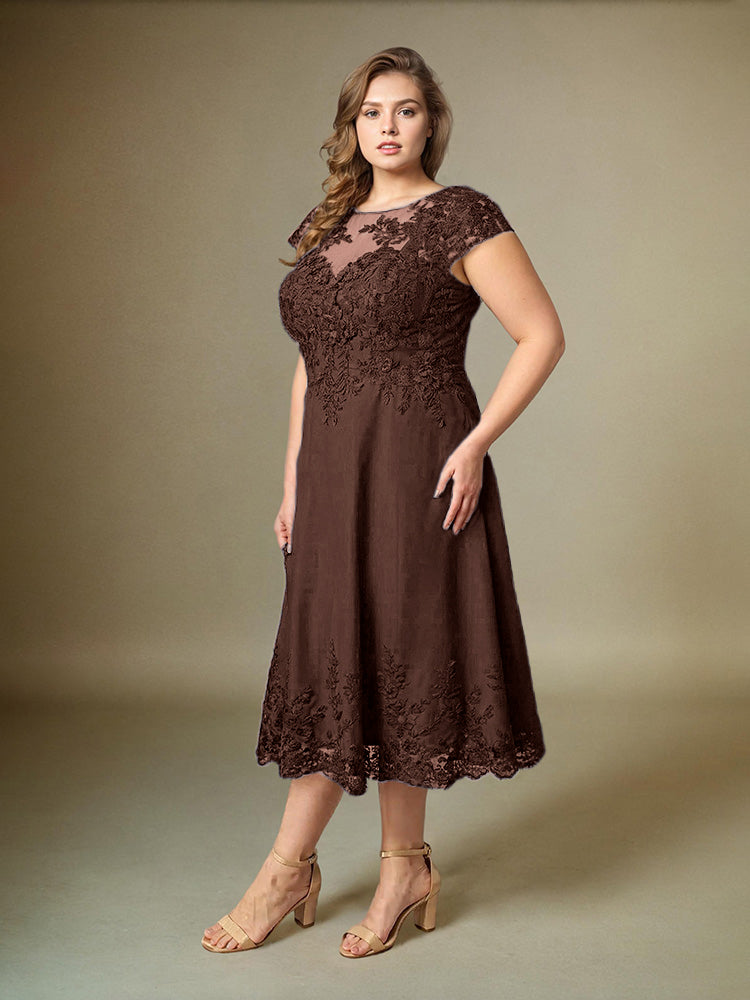 Plus Size Tee Länge Spitze Applikationen Chiffon Mutter der Braut Kleid