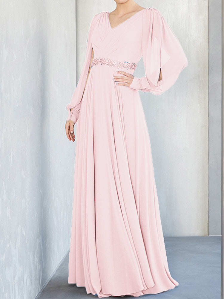 Lange Ärmel V-Ausschnitt Chiffon Perlen Taille Mutter der Braut Kleid