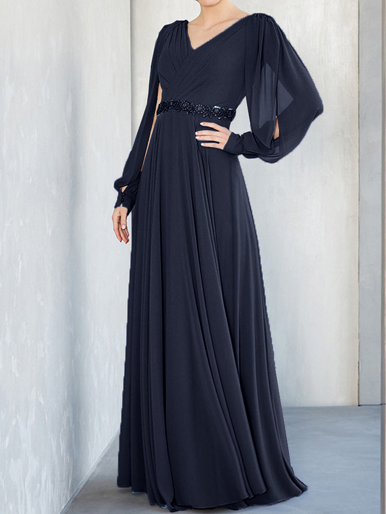 Lange Ärmel V-Ausschnitt Chiffon Perlen Taille Mutter der Braut Kleid