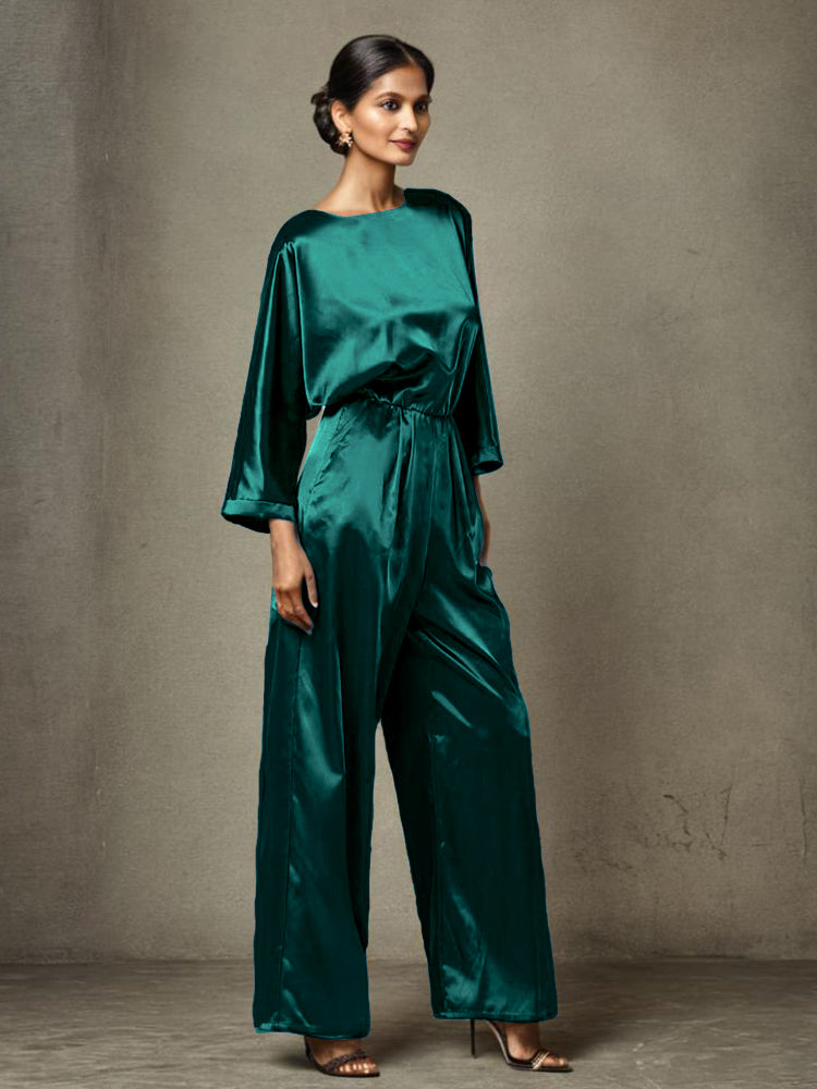 Jumpsuit/Hosenanzug Rundhalsausschnitt Lange Ärmel Weicher Satin Brautmutterkleider